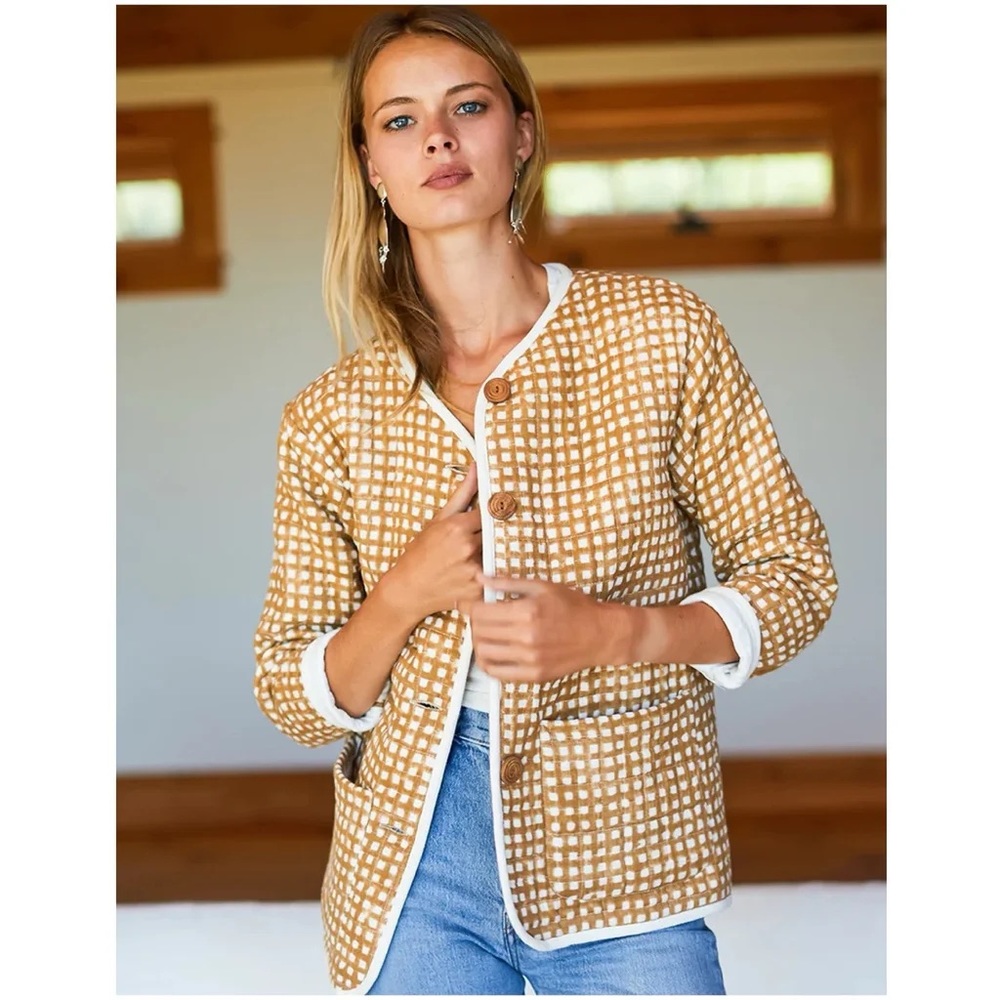 EMERSON FRY India Quilted Jacket - Ochre Gingham Organic | NWT